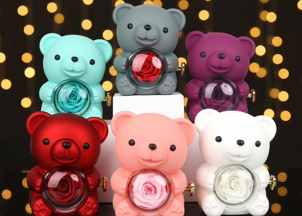 Teddy bear gift boxes banner - luxury romantic product photo